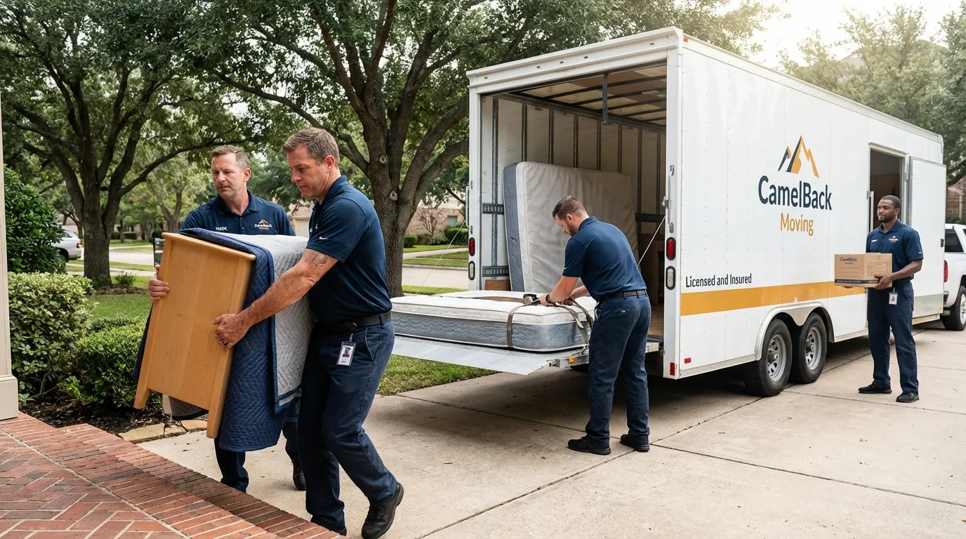 Crew loading residential truck for cross-state move from Delhi, LA