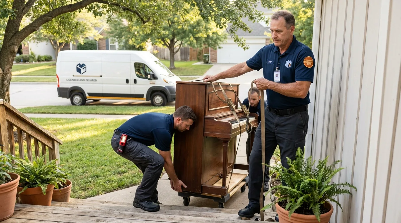 Licensed piano movers securing grand piano in Delhi, LA