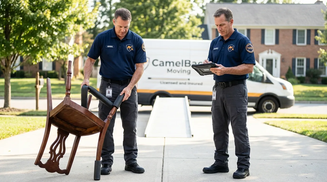 Movers inspecting furniture for damage prevention before loading in Delhi, LA