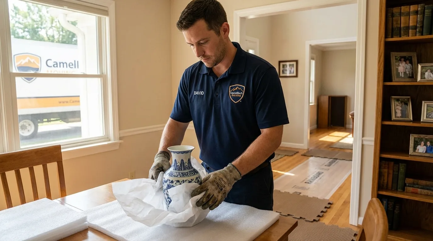 Professional crew carefully wrapping antique vase for senior downsizing move in Delhi, LA